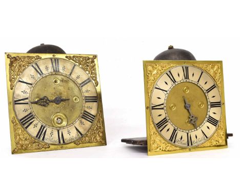 Two consecutively numbered thirty hour longcase clock movements, both signed Rd. Fowle, Uckfield; the first with 10" square b