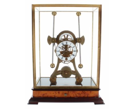 Reproduction brass grasshopper single fusee skeleton clock,&nbsp;the 4" white enamel chapter ring enclosing a skeletonised ce