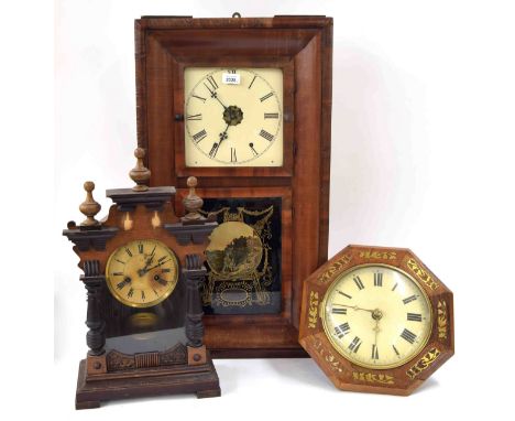 Jerome &amp; Co American ogee two train wall clock, within a rosewood case, 30" high (two weights); also a postman's alarm cl