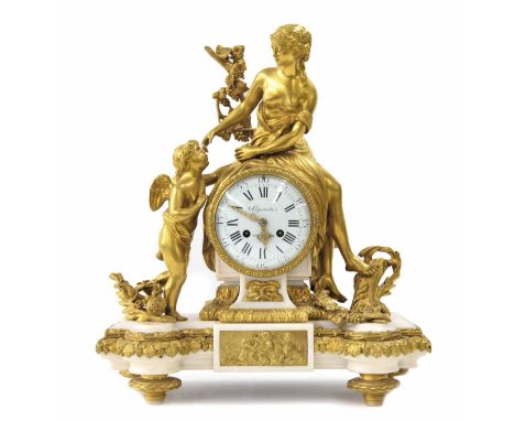 Good French ormolu and white marble two train figural mantel clock,&nbsp;the 4.75" convex white dial signed Le Paute, HGER du