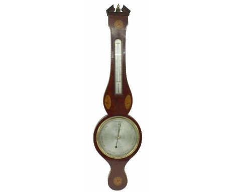 Good early mahogany wheel barometer/thermometer, the principal 8" silvered dial signed J.M. Ronketti, no. 6 Peter St, Bloomsb