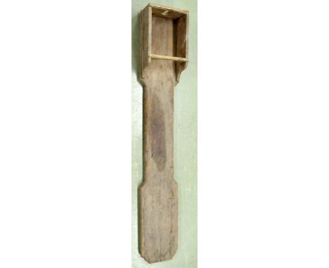 Antique pine wall clock case with dial aperture 9.25" high, 7.5"&nbsp;wide, over a shaped trunk, 54.5" high overall 