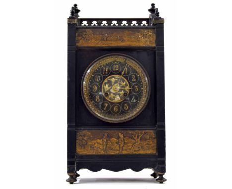 French Arts &amp; Crafts style black slate two train&nbsp;mantel clock striking on a gong, the 4.75" slate chapter ring with 