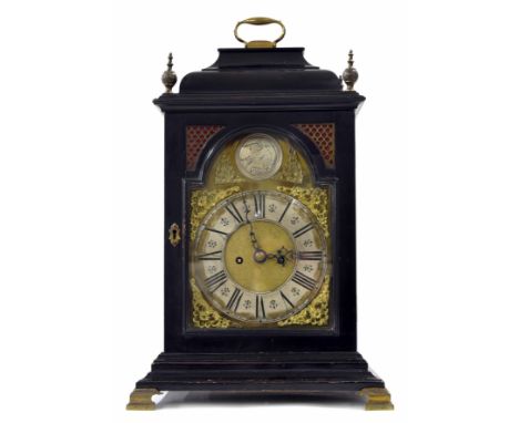 English ebonised double fusee bracket clock, the 8" brass arched dial with silvered chapter ring enclosing a matted centre, w