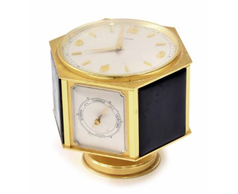 Contemporary Luxor multi-dial desk clock,&nbsp;the 4" principal clock dial within a hexagonal brushed brass case fitted to th