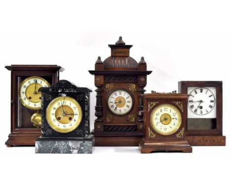 Small French black and green marble two train mantel clock striking on a bell, 9.5" high; also four other various small woode