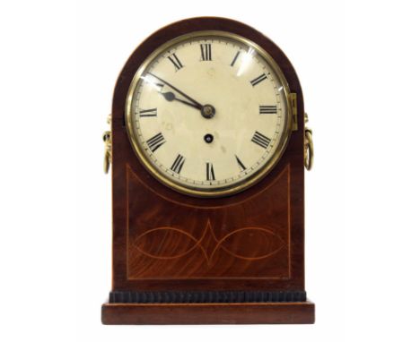 Small mahogany single fusee bracket clock, the 6" cream dial within a rounded arched case inlaid with boxwood lines, 12" high