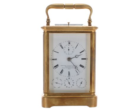 Good Bourdin repeater calendar carriage clock with alarm, the white enamel dial inscribed Bourdin Hbr, 28, Rue de la Paix, Pa