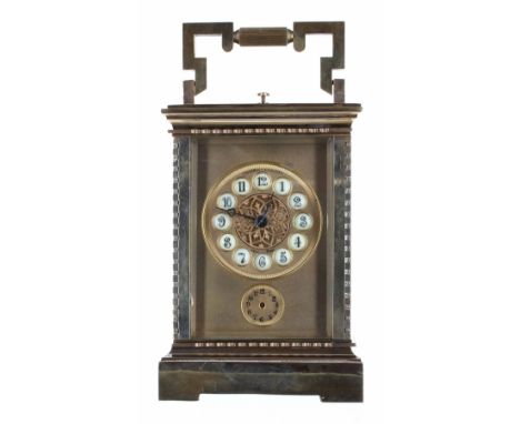 Repeater Sonnerie carriage&nbsp;clock with alarm,&nbsp;the movement striking with three hammers on two gongs, the 2.25" gilt 