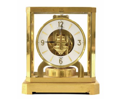 Jaeger-LeCoultre Atmos clock, the 4.75" white dial enclosing a skeletonised centre, ser. no. 260691, within a brushed brass c