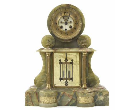 French onyx and brass mounted two train drumhead mantel clock, the Jules Rolez limited movement striking on a gong, the 4.25"