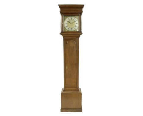 Oak thirty hour longcase clock,&nbsp;the 10.75" square brass dial signed John Fry, Melksham on a shaped plate, the matted cen