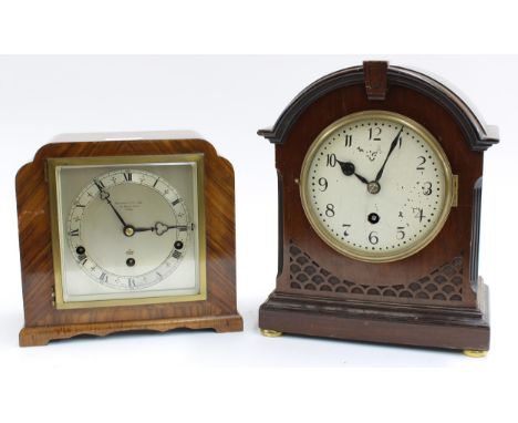 Walnut Art Deco three train mantel clock, the eight day lever movement playing Westminster chimes on four rods, the square si
