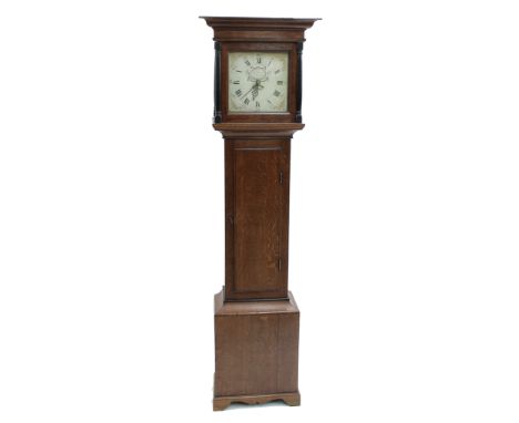 Oak thirty hour longcase clock,&nbsp;the 11" square painted dial signed Jonathan Tucker, Tiverton on an oval foliate cartouch