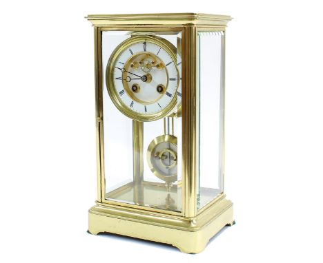 French brass four glass two train mantel clock, the S. Marti movement with outside countwheel striking on a bell, the 3.75" w