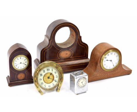 Small mahogany inlaid lancet mantel clock timepiece, 6.25" high; also a small Napoleon hat inlaid timepiece, two other clocks