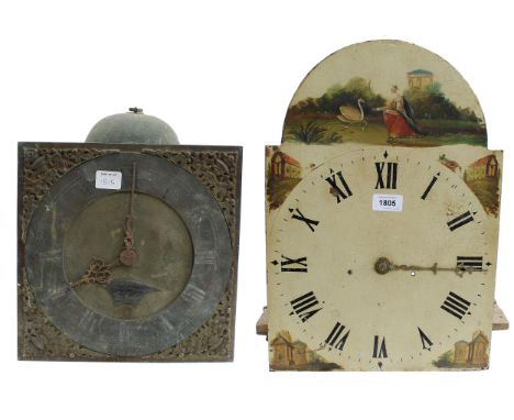 Early longcase clock birdcage movement, the 11" square brass dial signed Jonathan Bronson, Stow Market on a shaped arched pla