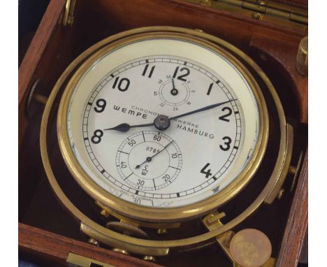 Good German two day marine chronometer, the 3.5" silvered dial signed Chronometer Werke, Wempe, Hamburg, no. 8785, with subsi