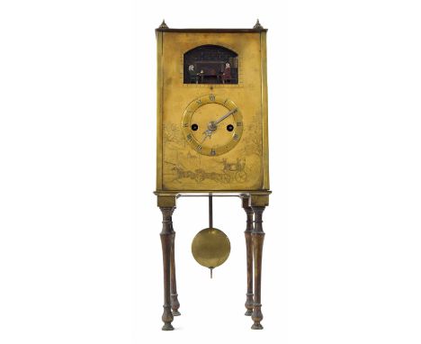 Unusual double fusee automata brass mantel clock striking on a bell, the 4" chapter ring enclosing a plain centre under a rec