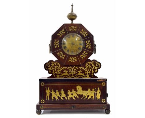 French mahogany and brass inlaid mantel clock timepiece with VAP movement, the 4.25" brass dial signed Green within a flat oc