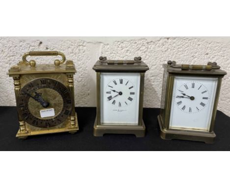 Carriage clock timepiece, the dial signed Depree &amp; Young Ltd, Exeter, within a corniche brass case, 5.75" high (key); als