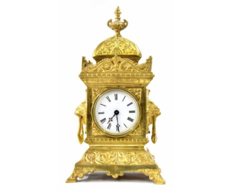 Gilt metal mantel clock timepiece with platform escapement, the 2.5" white dial within a square pagoda style stepped case dec