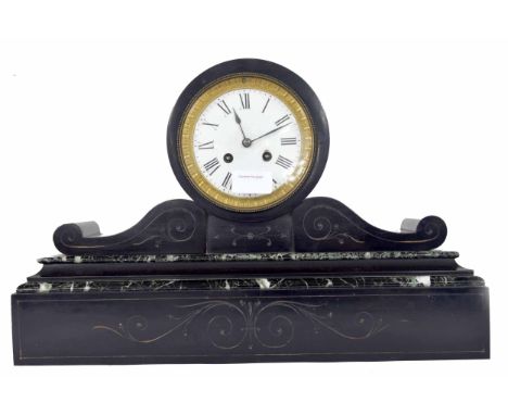 French black slate and green marble drumhead two train mantel clock, the Japy Freres movement with outside countwheel and str