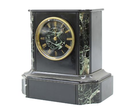 French small black slate and green marble two train mantel clock,&nbsp;the movement back plate signed Rollin á Paris, strikin