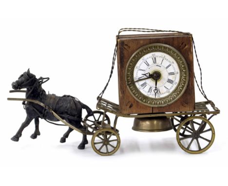 Small novelty French clock timepiece with alarm, the 2.25" white dial fitted into the side of a wooden crate with bell beneat