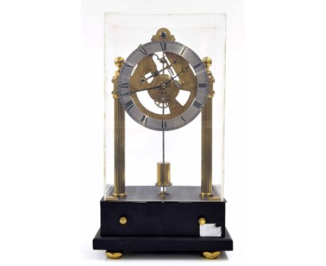 Homemade electric skeleton mantel clock, the 6" silvered chapter ring signed John Dilly enclosing a skeletonised centre, the 
