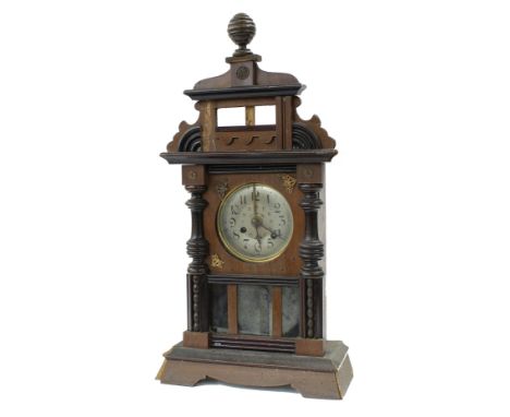 German&nbsp;walnut musical mantel clock in need of restoration, the 4.5" silvered twenty-four hour dial over a 5" silvered di