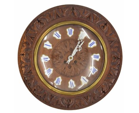 French oak and pine cased two train wall clock striking on a gong, the 9.5" chapter ring with Roman cartouche enamel numerals