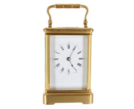French carriage&nbsp;clock striking on a gong, within a gilded brass corniche case, 7" high; also within outer Morocco leathe