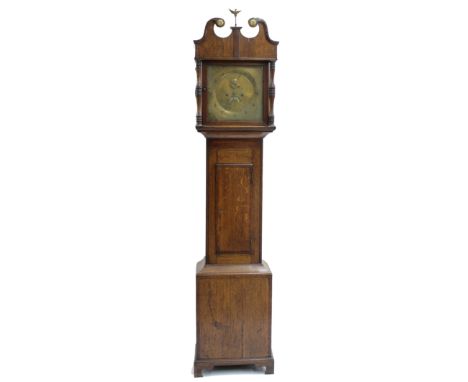 Oak eight day longcase clock, the 12" square brass dial with subsidiary seconds dial and calendar aperture, the centre engrav