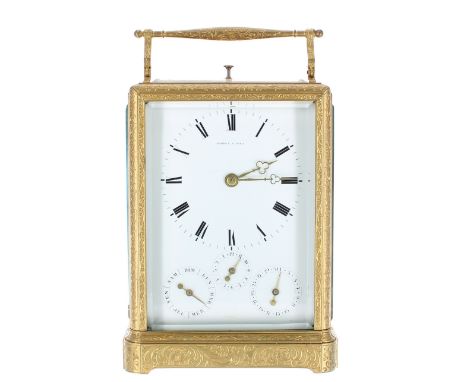 Fine Paul Garnier repeater carriage clock with calendar and alarm, the white enamel dial signed by the retailer Farret á Pari