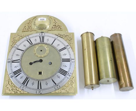 Eight day longcase clock dial, the 12" brass arched dial with convex boss to the arch over a strike/silent aperture and silve