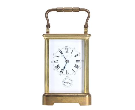 Unusual French carriage clock timepiece with alarm, the movement striking on a bell and fitted with a fixed key wind below th