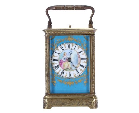 French repeater&nbsp;carriage clock striking on a gong, the porcelain dial painted with a seated lady in a formal garden to t