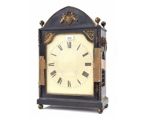 18th century ebonised bracket clock case and dial, within a gilt metal mounted case surmounted by four ball finials and point