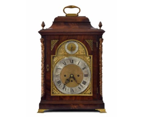 English mahogany three train bracket clock, the movement playing on a nest of eight graduated bells and striking the hours on