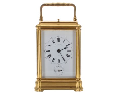 Good Henri Jacot Grande Sonnerie carriage clock with alarm, the movement back plate stamped with the maker's trademark logo a