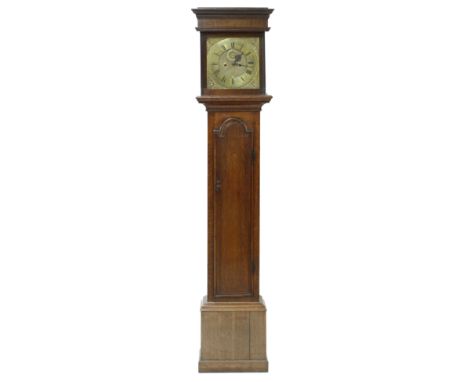 Oak eight day longcase clock with five pillar movement, the 12" square brass dial signed J. Lownds, London on the brass chapt