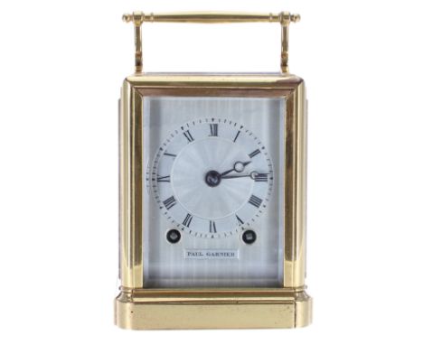 Good small Paul Garnier carriage clock striking the hours and half hours on a bell, the movement back plate signed Paul Garni