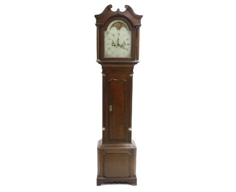 Oak and mahogany eight day longcase clock, the 12" painted arched dial with moon phase and marine scenes to the arch, over a 