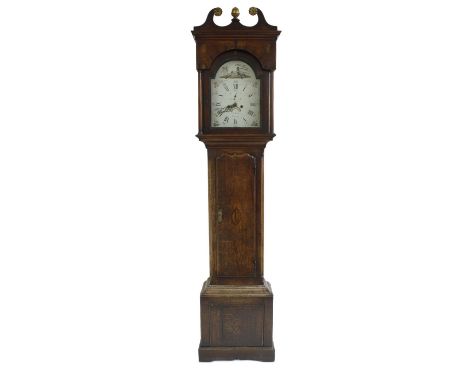 Oak and inlaid thirty hour longcase clock, the 12" painted arched dial signed James Webb, Froome (sic), with subsidiary secon