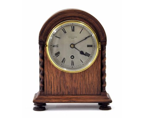 Small oak mantel clock timepiece with platform escapement, the 4.25" silvered dial signed Bracher &amp; Sydenham, Reading, wi