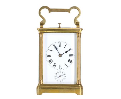 Small French repeater carriage&nbsp;clock with alarm,&nbsp;the movement striking with three hammers on two gongs, within a co