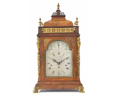 Good English faded mahogany triple fusee original&nbsp; verge bracket clock with alarm, the 8" silvered arched dial and movem
