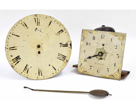 Old thirty&nbsp;hour wall clock movement, the 8" painted square dial indistinctly signed and with central alarm dial; also a 