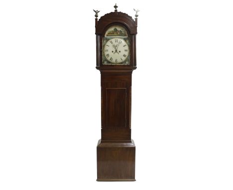 Mahogany eight&nbsp;day longcase clock, the 13" raised and painted arched dial with subsidiary seconds dial and calendar aper